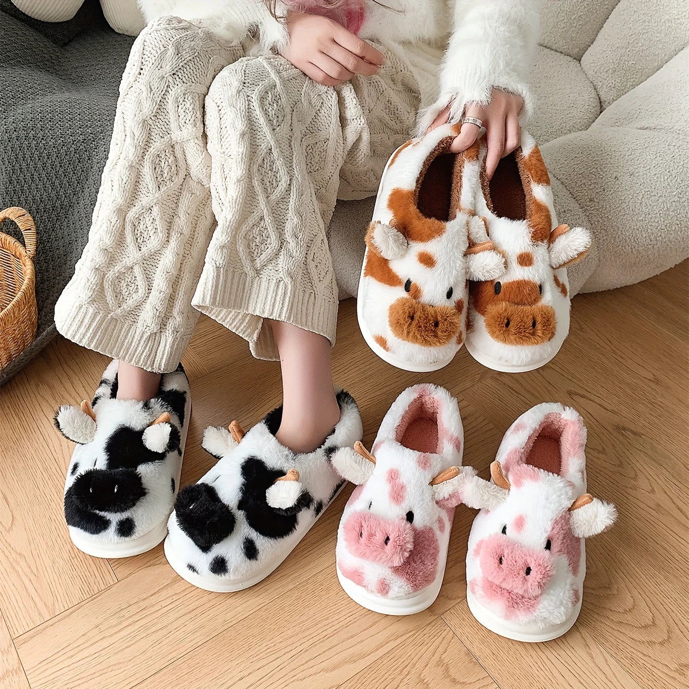 FuzzyFarm- Stitched Cow Slippers