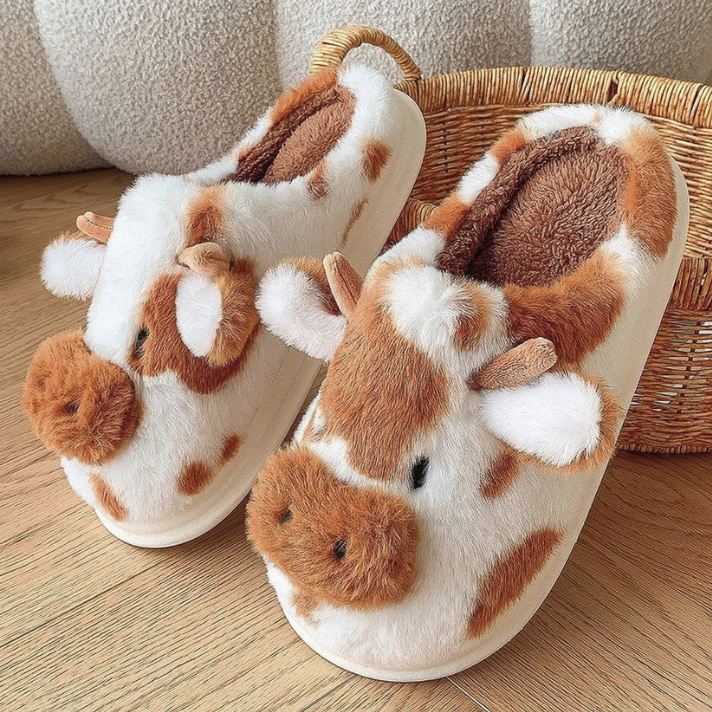 FuzzyFarm- Stitched Cow Slippers